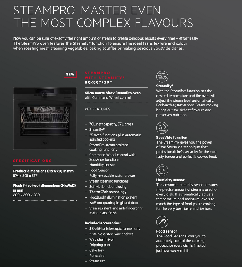 AEG BSK99733PT 60cm Matte Black Electric Built-In Oven with SteamPro - AEG Cosmetic Seconds Discount