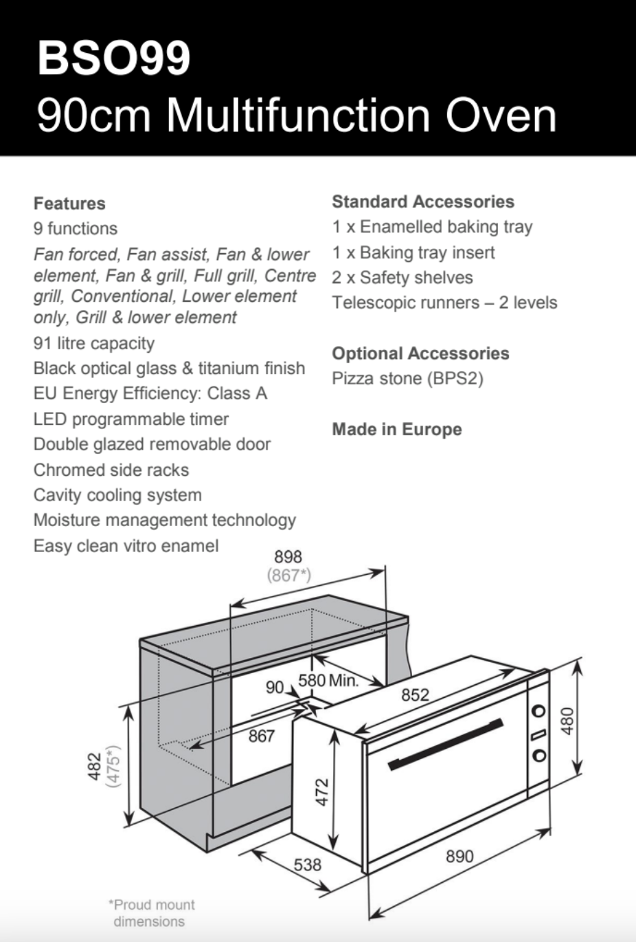Baumatic BSO99 Studio Solari 90cm Black Glass Electric Oven - Clearance Discount
