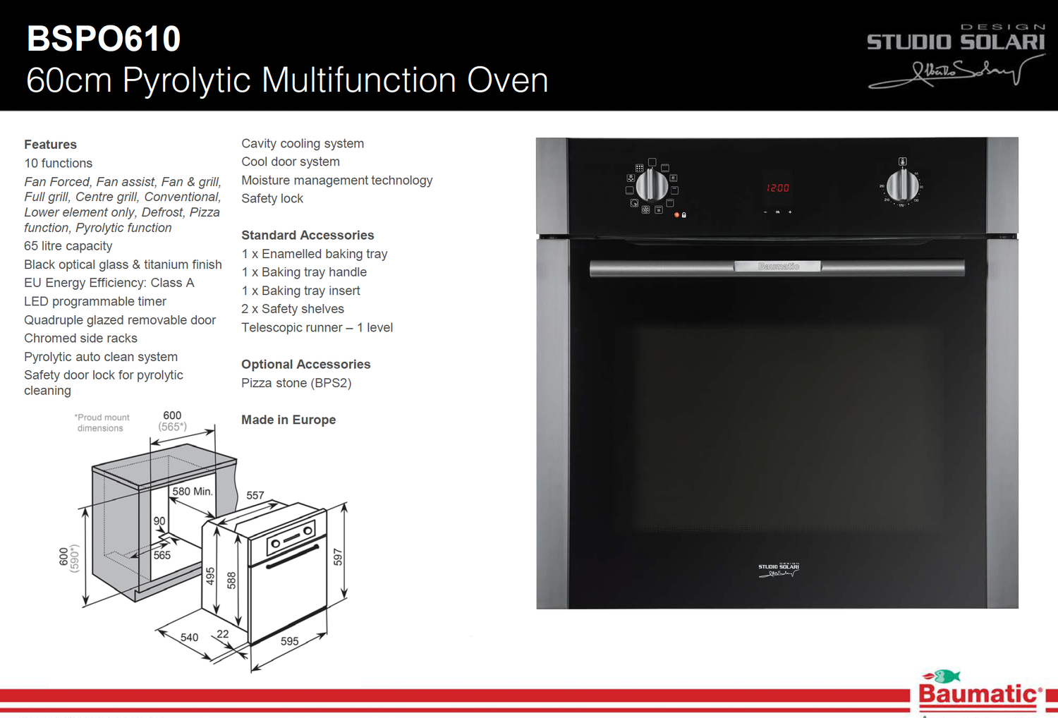Baumatic BSPO610 Black Glass Pyrolytic Cleaning Electric Oven - Ex Display Discount