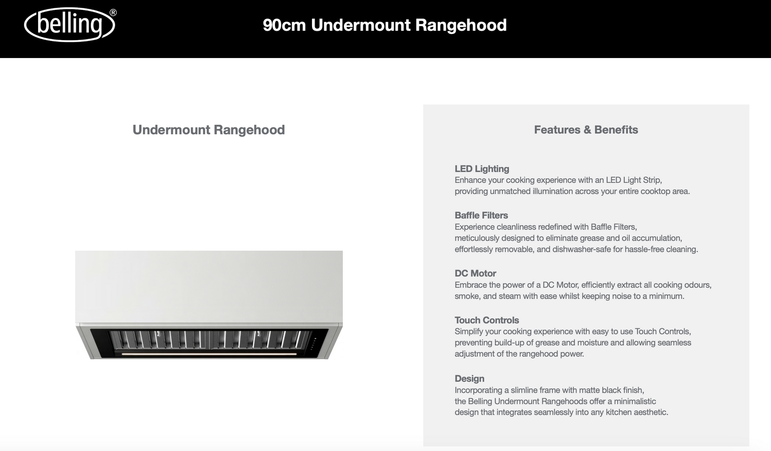 Belling BU90B 90cm Black and Steel Undermount Rangehood