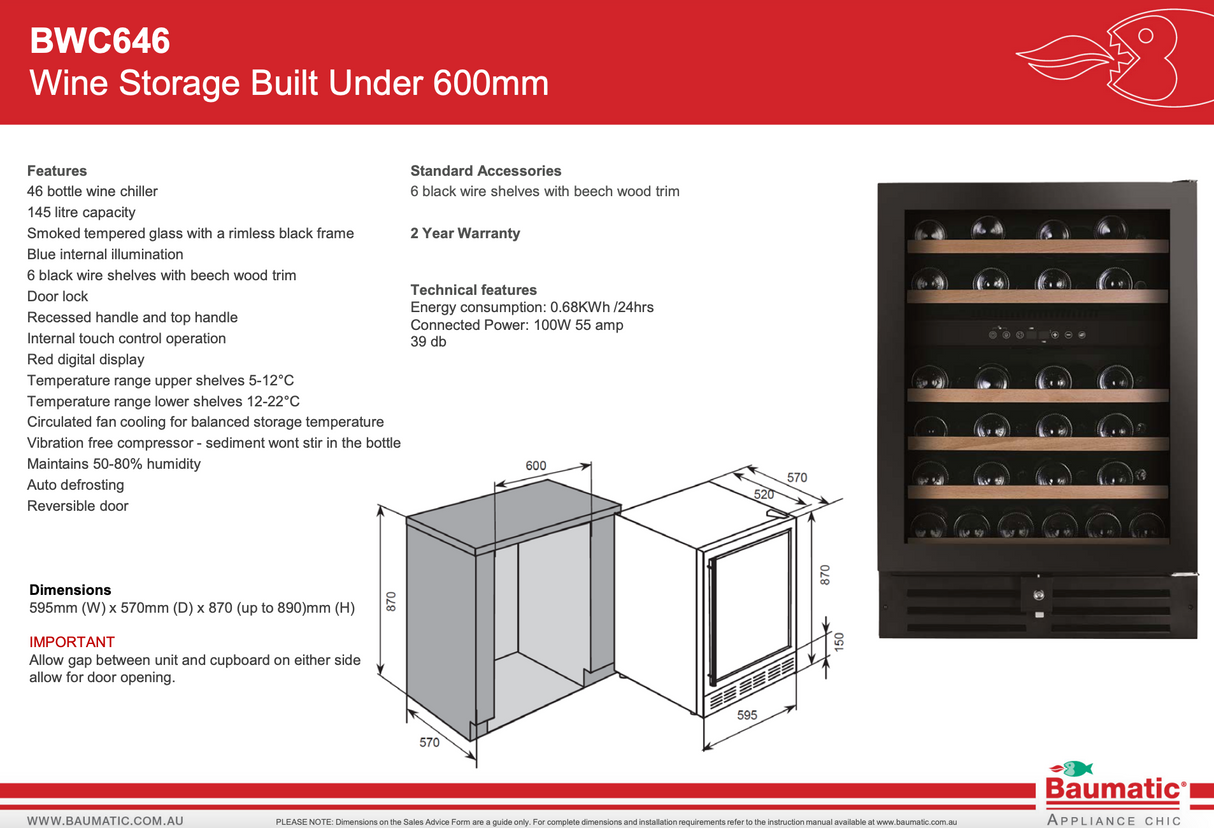 Baumatic BWC646 46 Bottle Wine Fridge