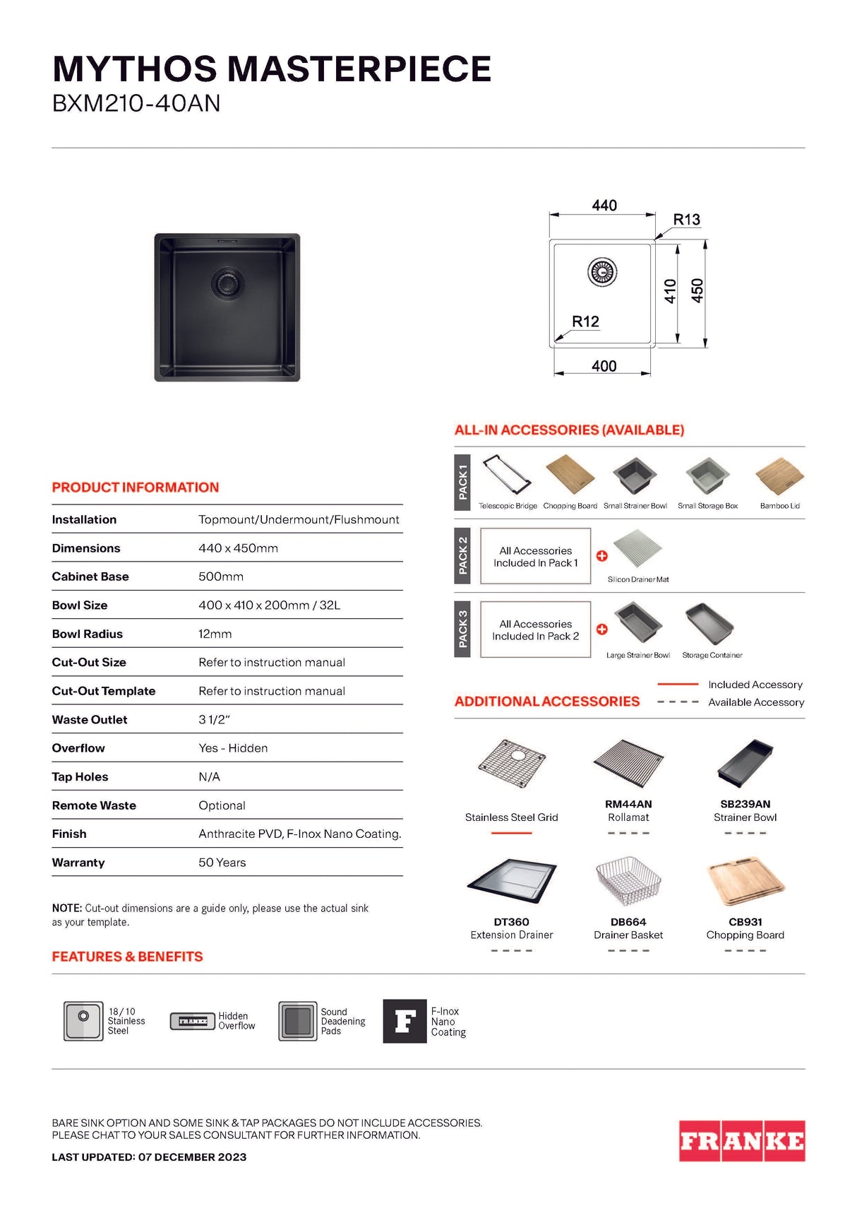 Franke Mythos Masterpiece Single Bowl Sink 440mm Anthracite, BXM210-40AN