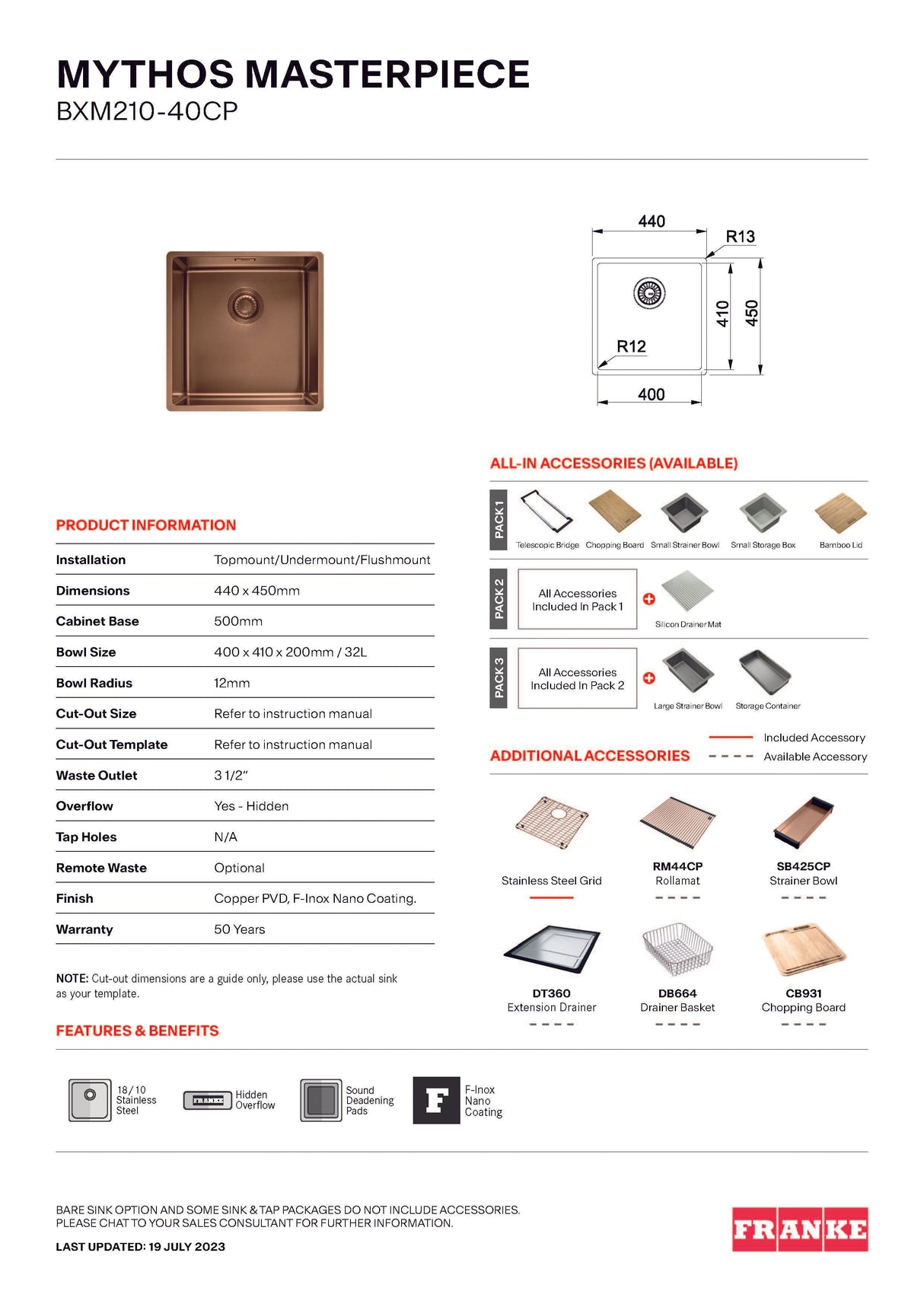 Franke Mythos Masterpiece Single Bowl Sink 440mm Copper, BXM210-40CP