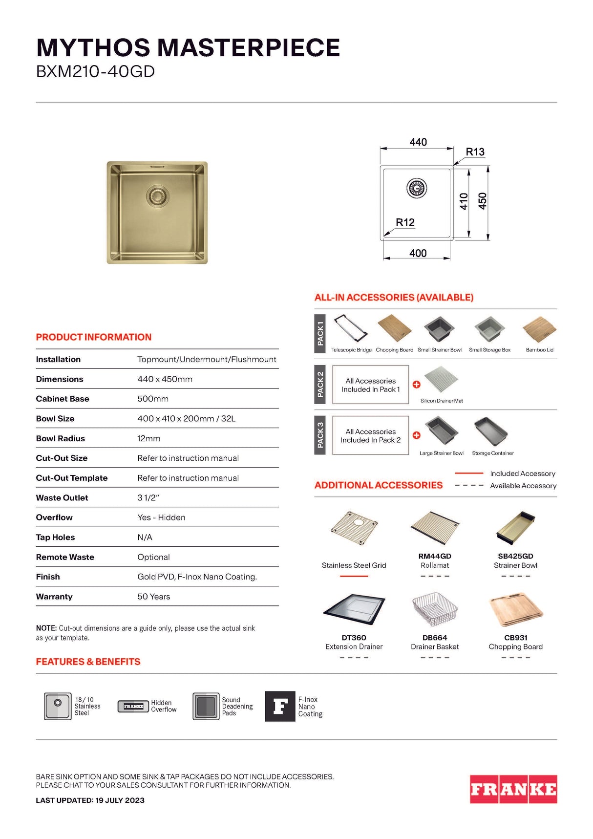 Franke Mythos Masterpiece Single Bowl Sink 440mm Gold, BXM210-40GD