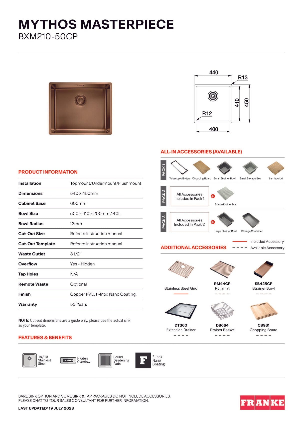Franke Mythos Masterpiece Single Bowl Sink 540mm Copper, BXM210-50CP