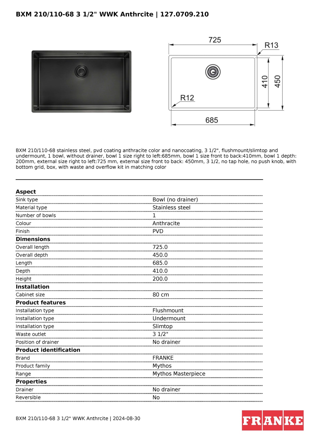 Franke Mythos Masterpiece Single Bowl Sink 725mm Anthrcite, BXM210-68AN