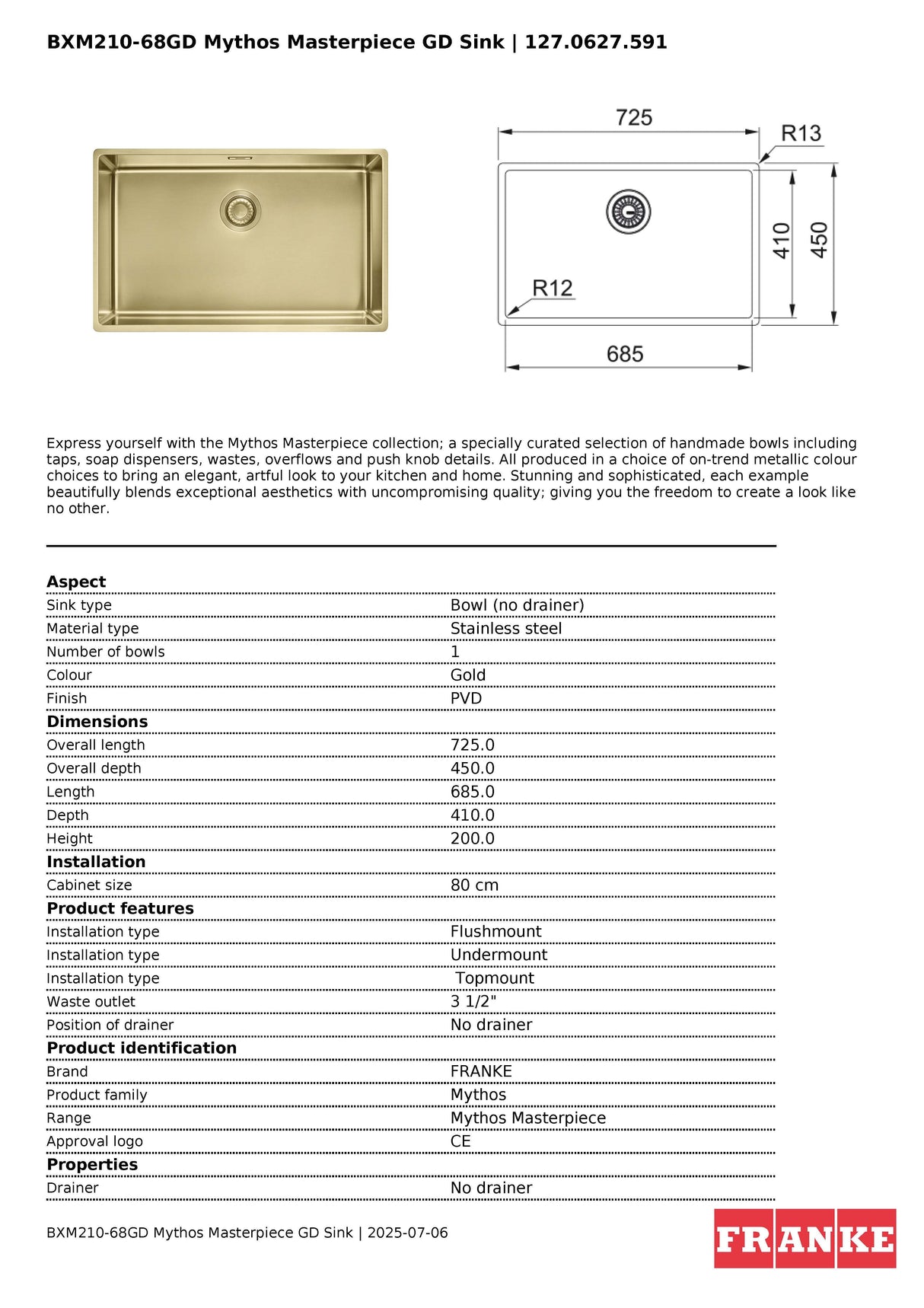 Franke Mythos Masterpiece Single Bowl Sink 725mm Gold, BXM210-68GD