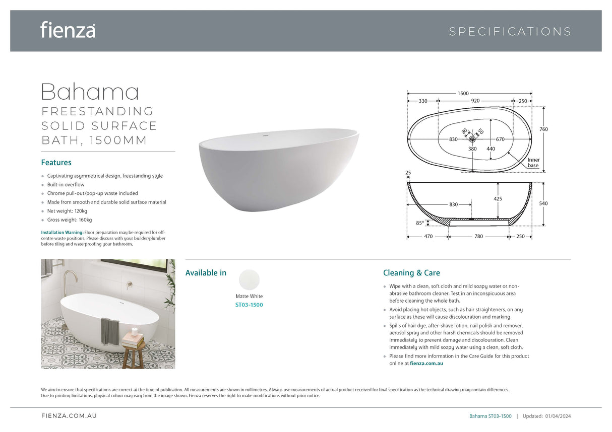 Fienza ST03-1500 Bahama Solid Surface Bath, 1500mm