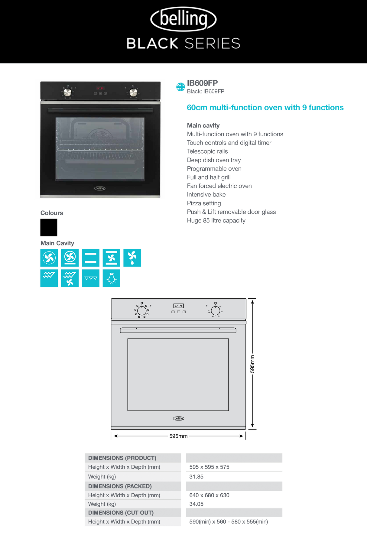 Belling IB609FP 60cm Electric Fan Forced Oven - Clearance Discount