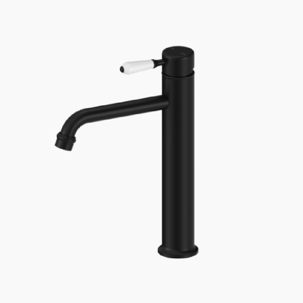 Nero York Straight Tall Basin Mixer, White Porcelain Lever Matte Black NR692101A01MB