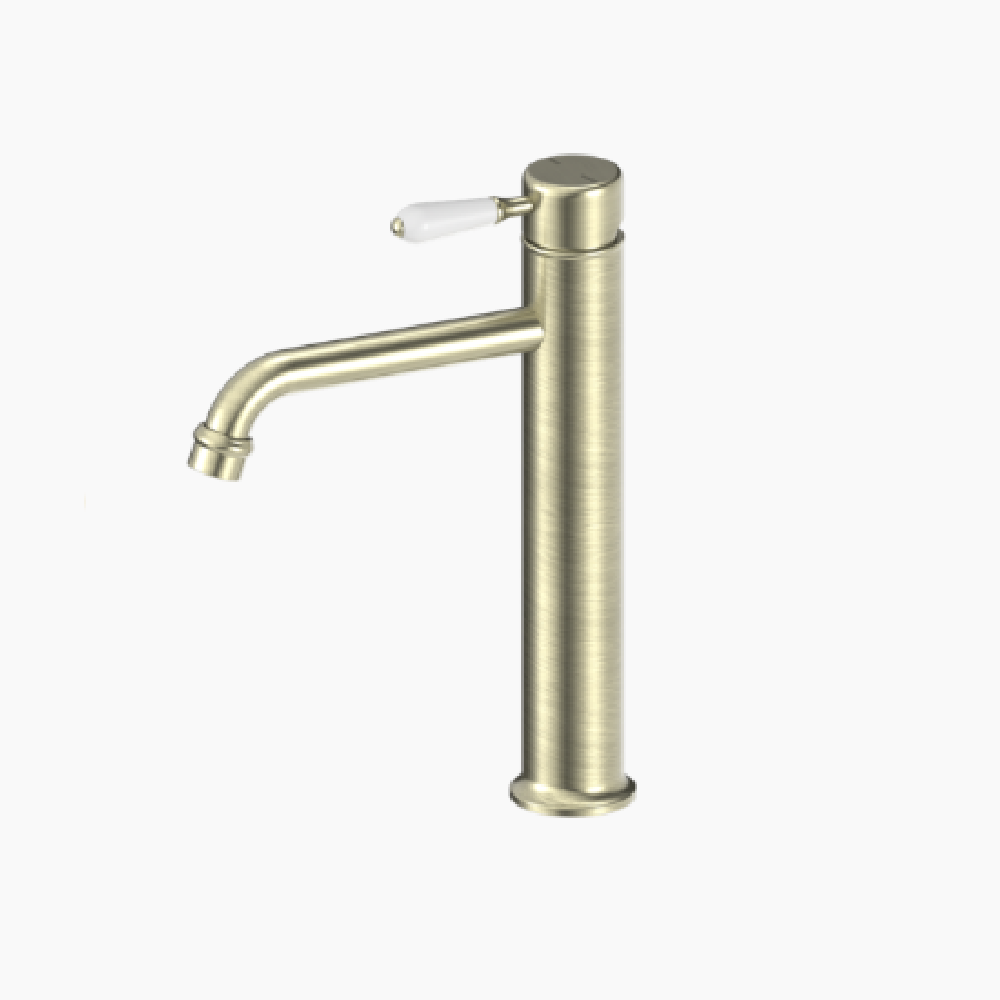 Nero York Straight Tall Basin Mixer, White Porcelain Lever Aged Brass NR692101A01AB