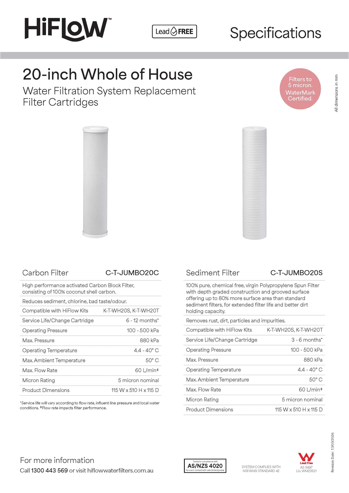 Oliveri C-T-JUMBO20C HiFlow 20-inch Whole of House Replacement Carbon Filter
