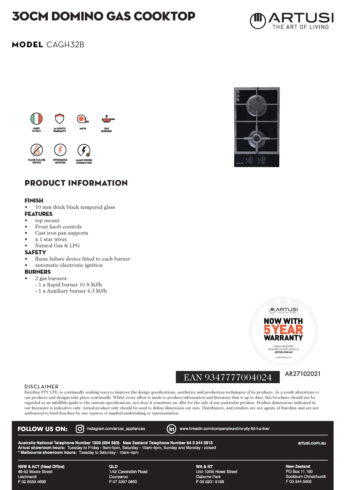 Artusi CAGH32B 30cm Black Finish Gas Cooktop