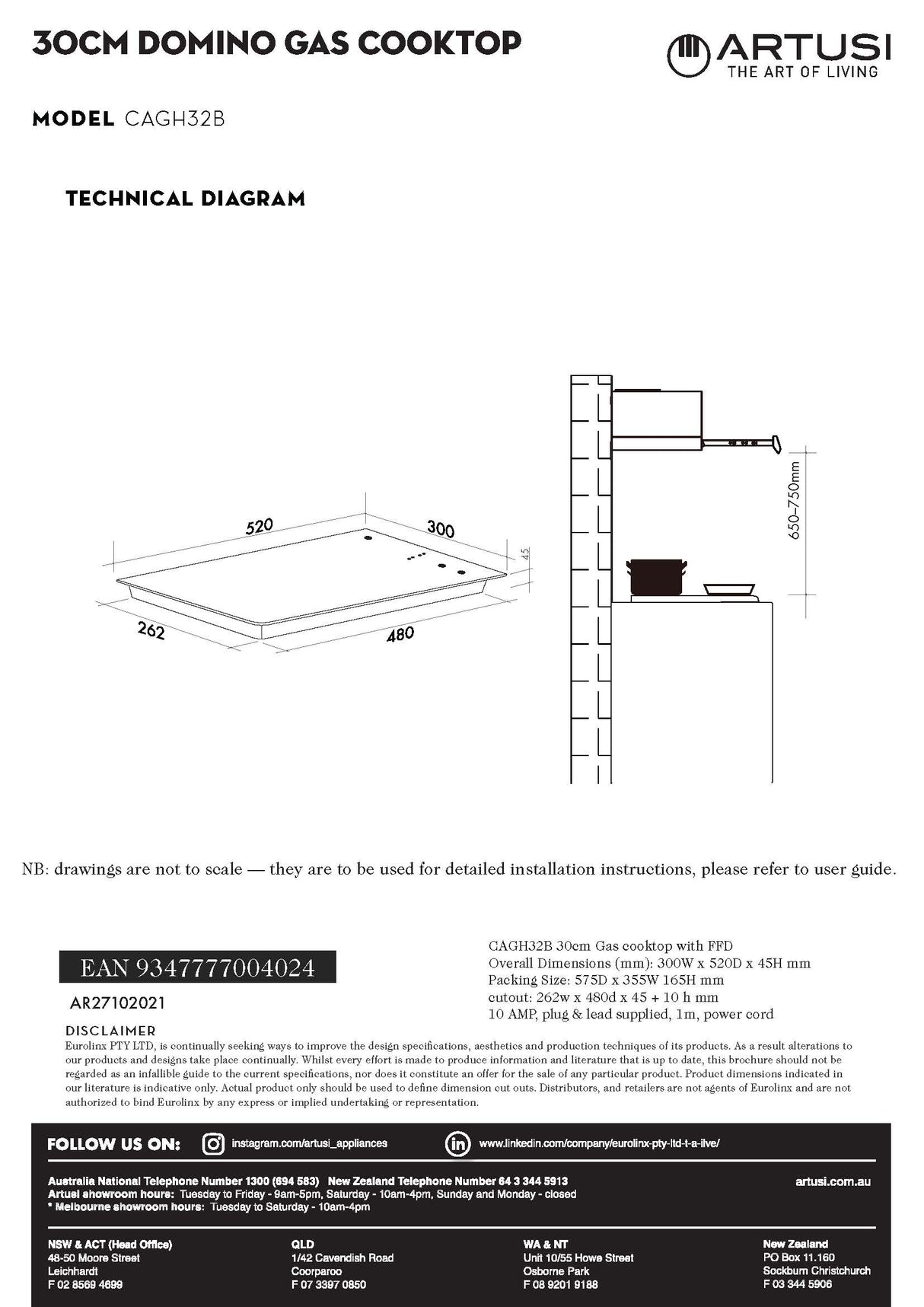 Artusi CAGH32B 30cm Black Finish Gas Cooktop