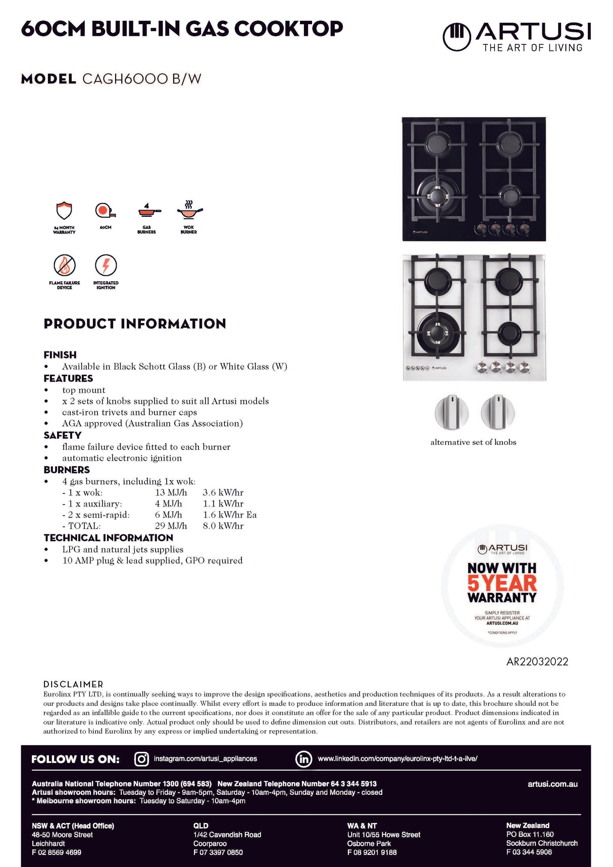 Artusi CAGH6000B 60cm Black Finish Gas Cooktop
