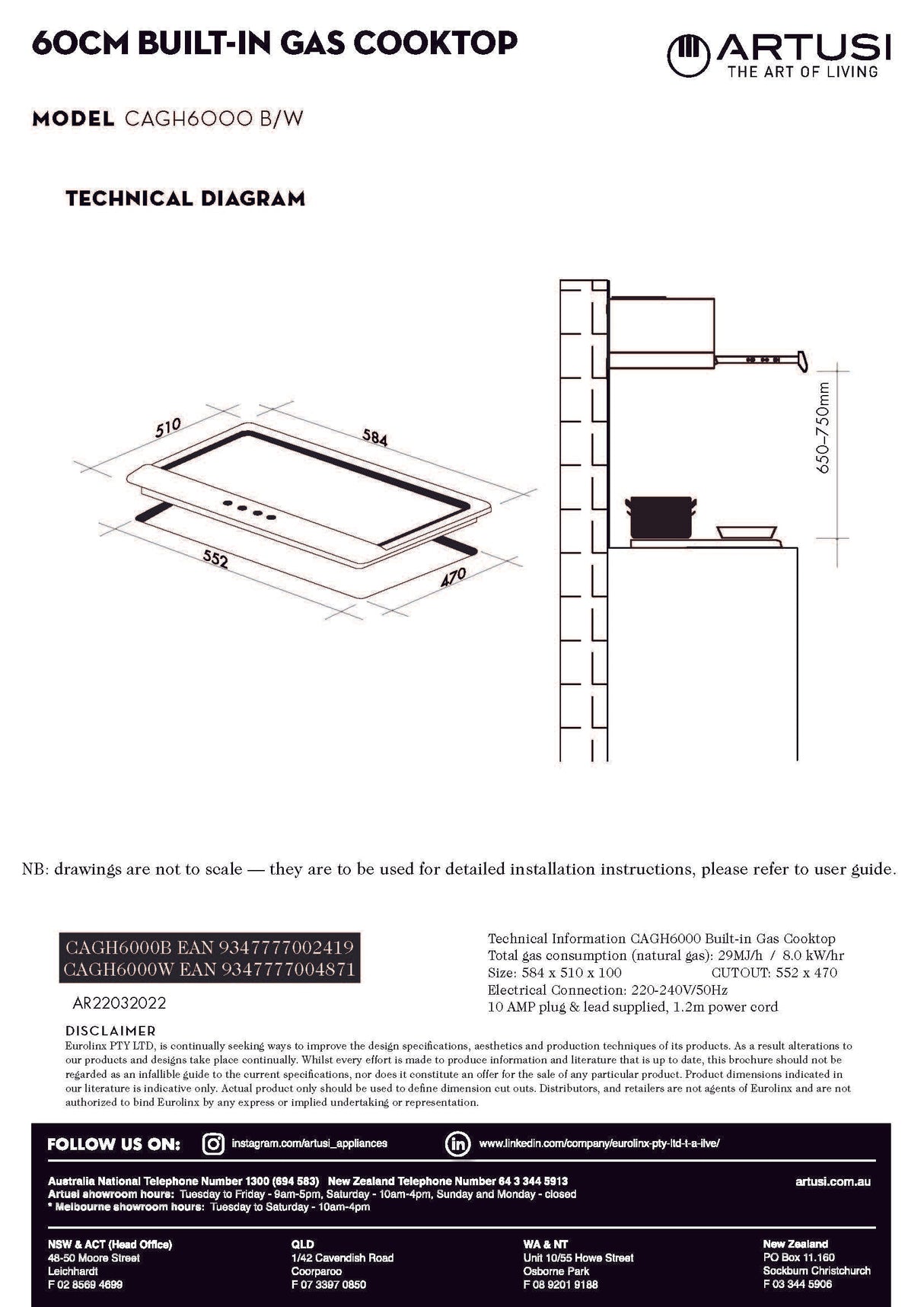 Artusi CAGH6000B 60cm Black Finish Gas Cooktop