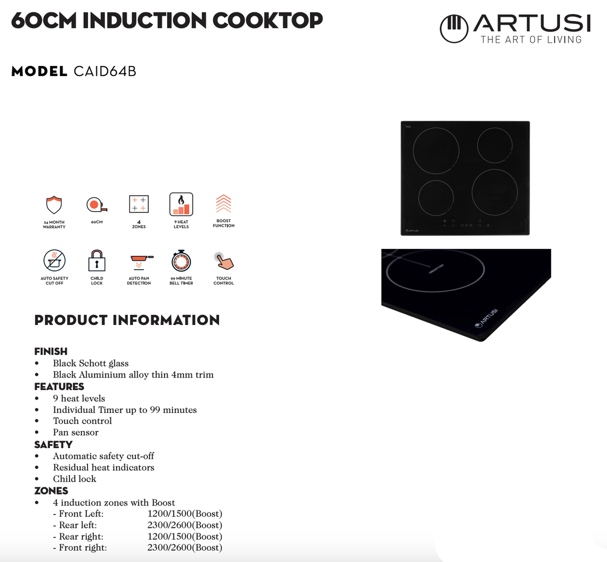 Artusi CAID646B 60cm 4 Zone Induction Cooktop w/ Boost, Black