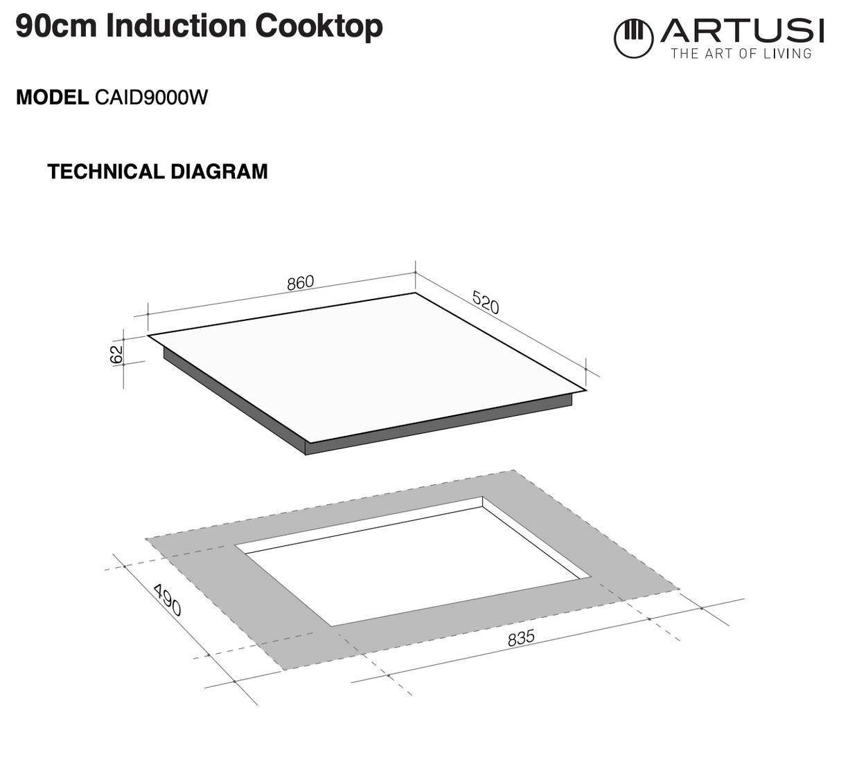 Artusi CAID9000W 90cm 5 Zone Induction Cooktop, White