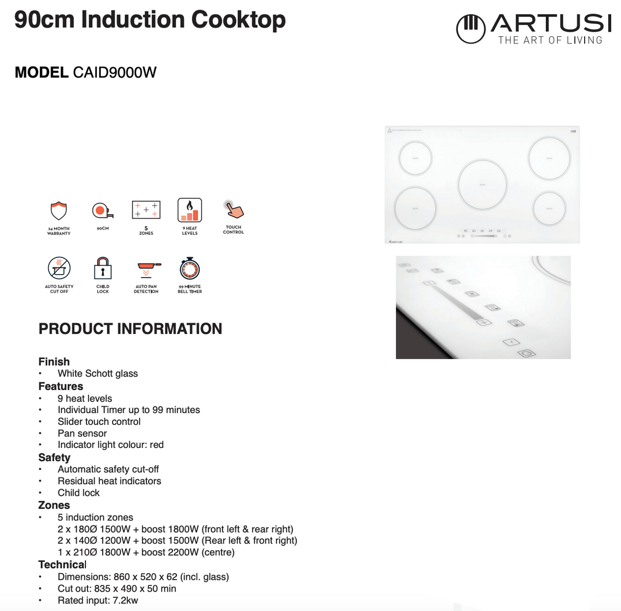 Artusi CAID9000W 90cm 5 Zone Induction Cooktop, White