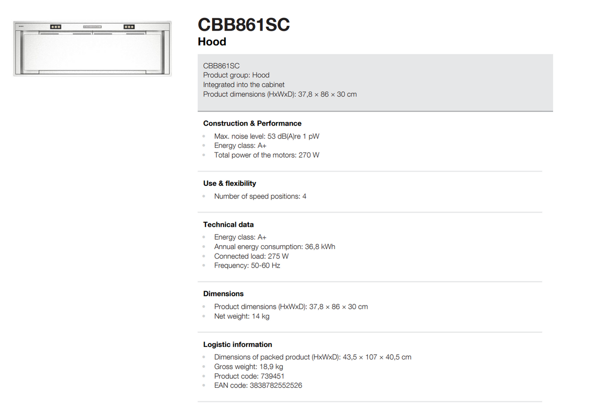 ASKO 86cm Undermount Rangehood CBB861SC - Factory Seconds