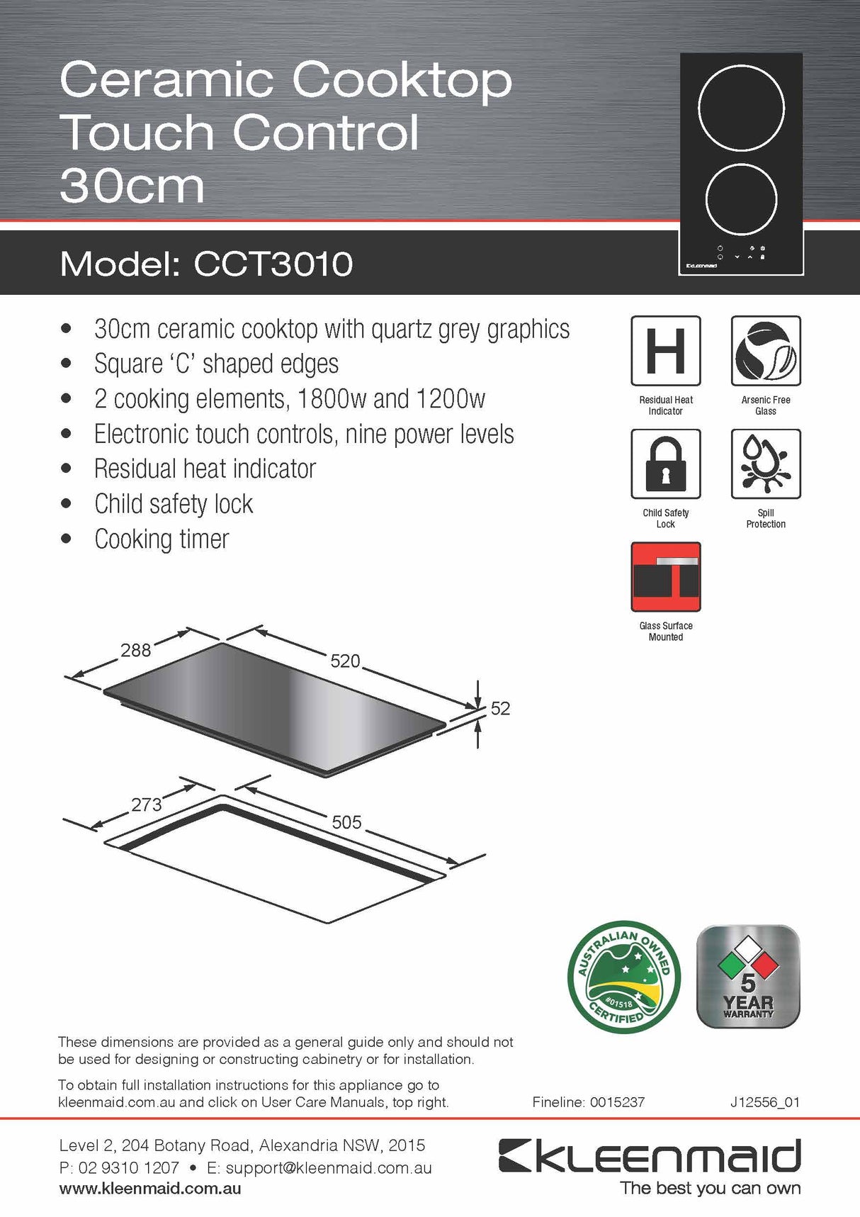 Kleenmaid CCT3010 30cm Touch Control Ceramic Cooktop