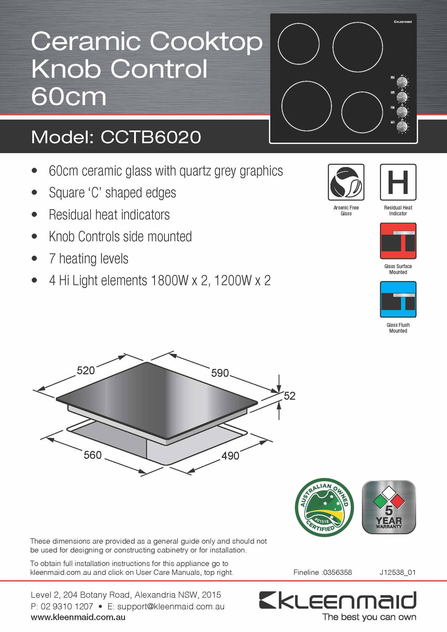 Kleenmaid CCTB6020 60cm Knob Control Ceramic Cooktop