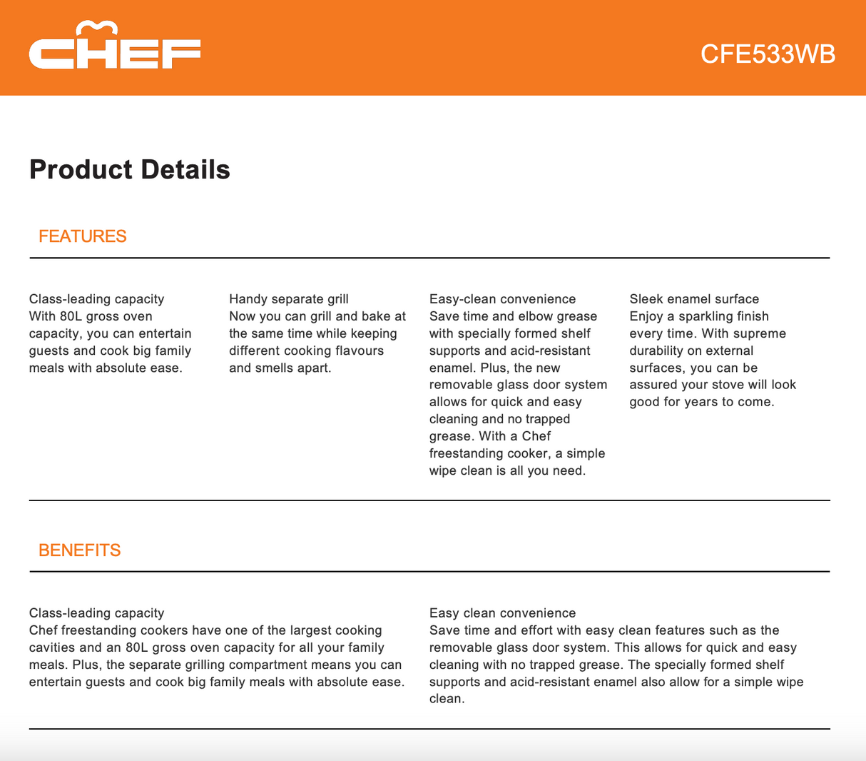 Chef CFE533WB 54cm Freestanding Conventional Electric Oven/Stove - Factory Seconds