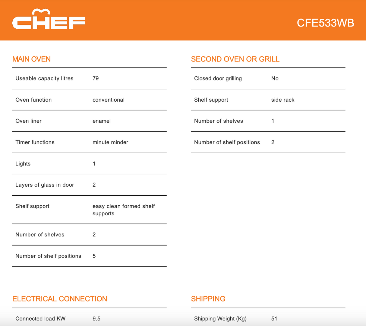 Chef CFE533WB 54cm Freestanding Conventional Electric Oven/Stove - Factory Seconds