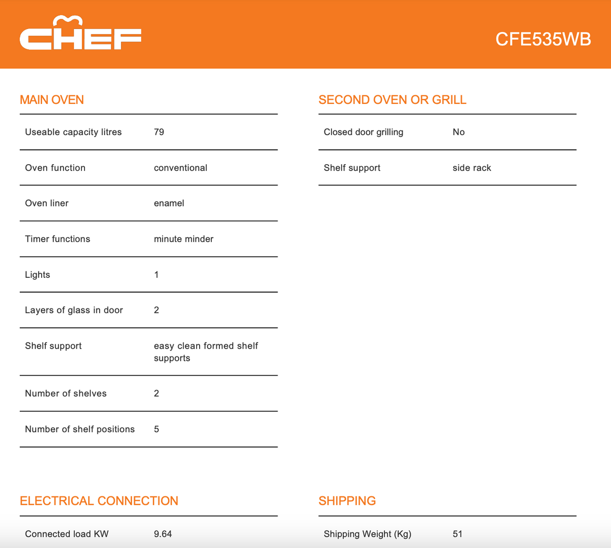 Chef CFE535WB 54cm Freestanding Conventional Electric Oven/Stove - Factory Seconds