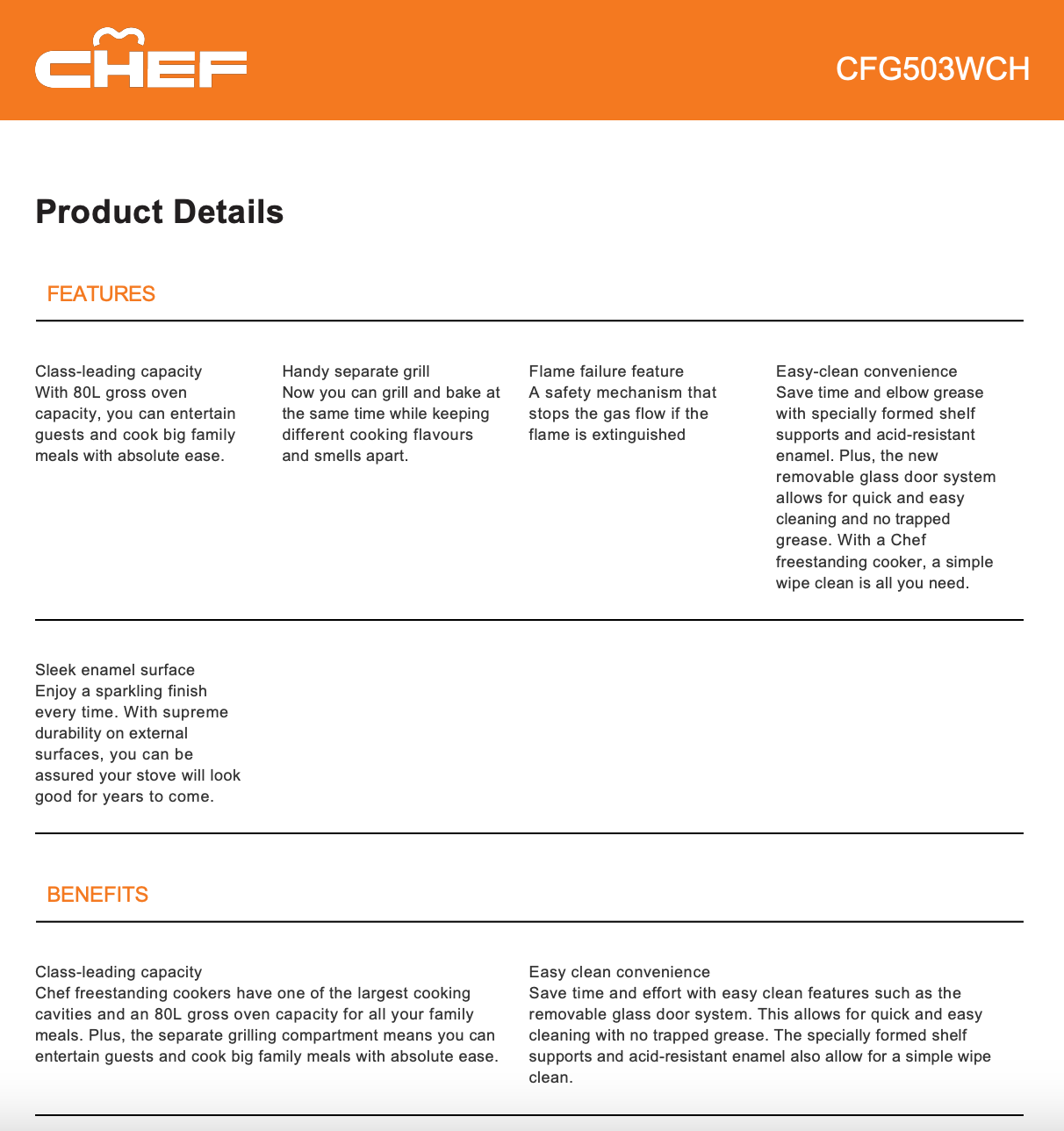 Chef CFG501WCH 54cm White Freestanding Stove - Chef Seconds Discount