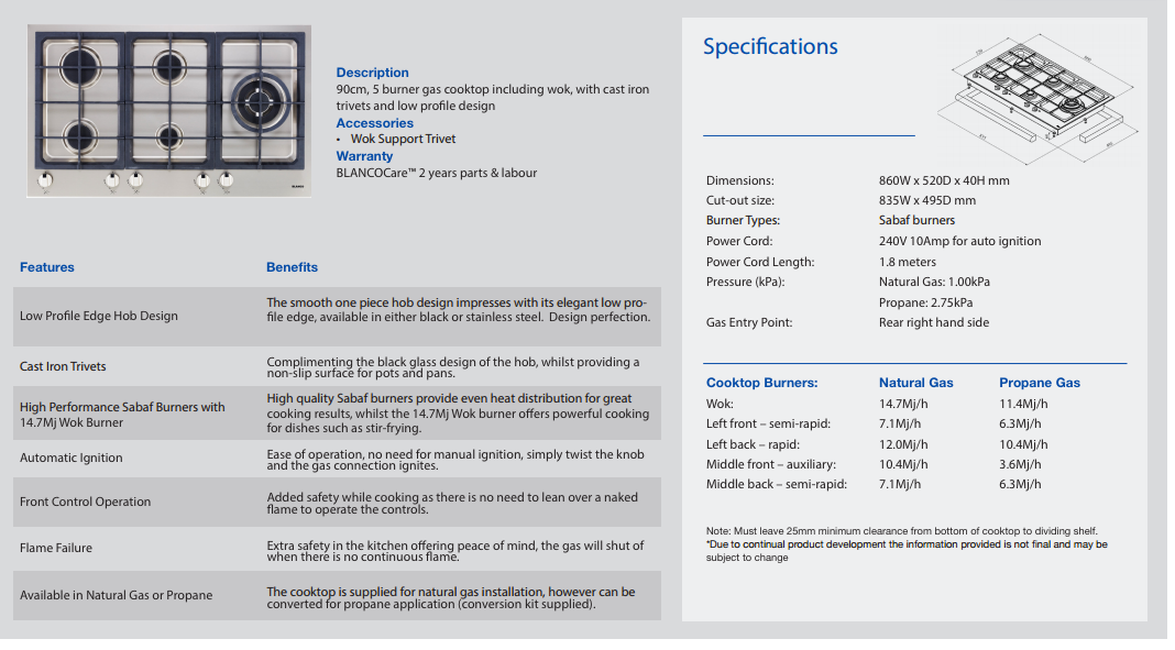 Blanco CGLP905WXFFC 90cm Italian Made Stainless Steel Gas Cooktop - Clearance Discount
