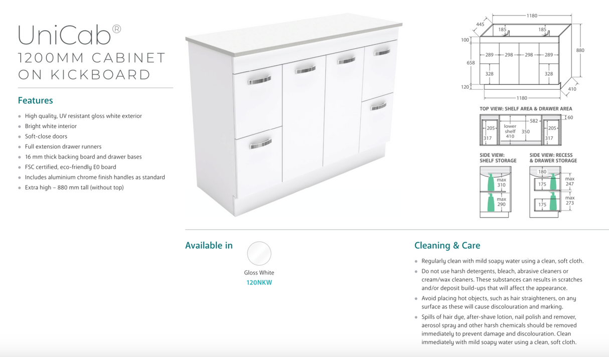 Fienza CIT120NKW Citi 1200mm Sink & Vanity on Kickboard