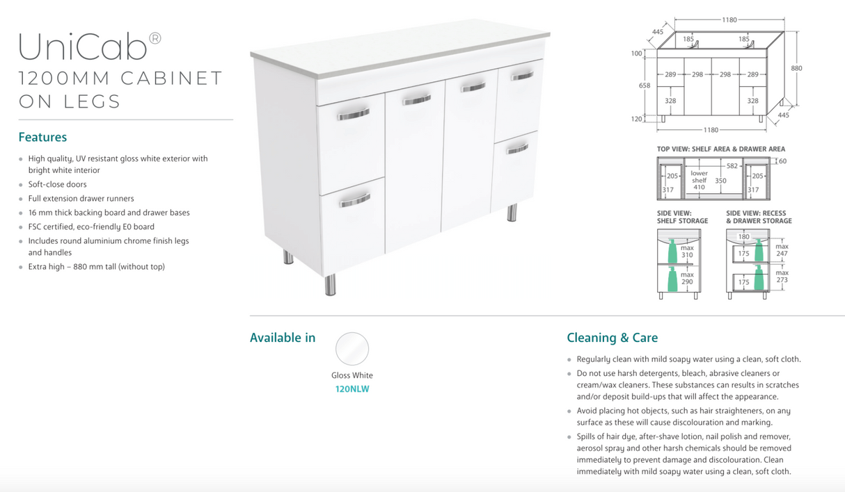 Fienza CIT120NLW Citi 1200mm Sink & Vanity on Legs