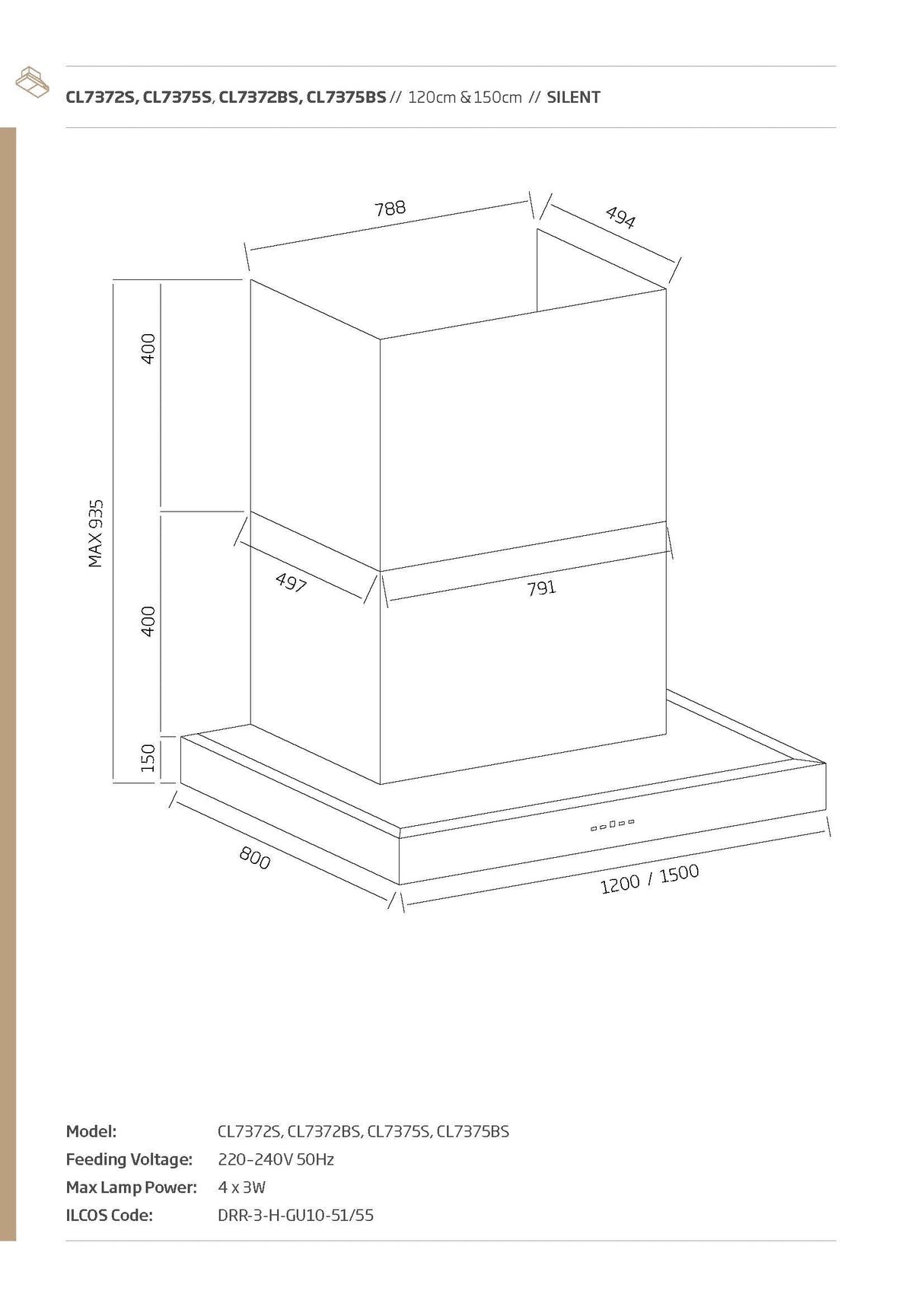 Schweigen CL7375BSE2 150cm Silent BBQ Canopy, Twin Motor, 5000m3/hr, Black