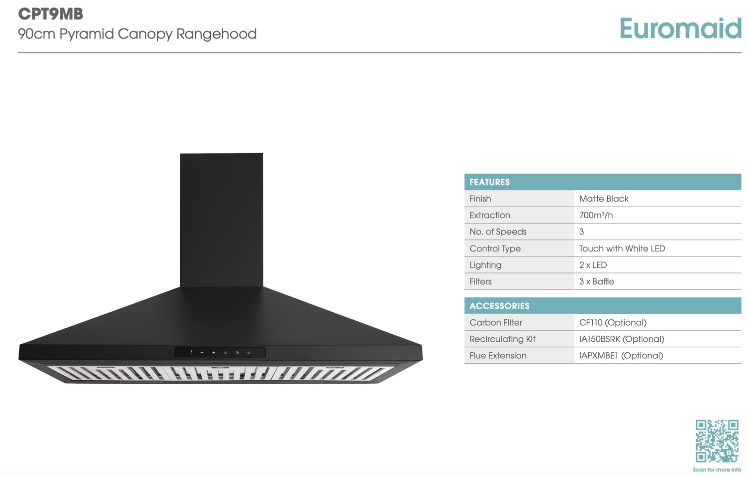 Euromaid CPT9MB 90cm Pyramid Canopy Rangehood, Matte Black, 700m3/hr