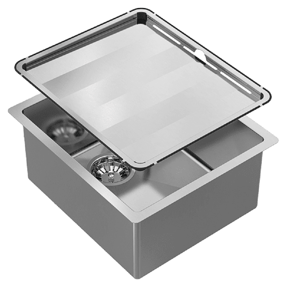 Abey Piazza Square Single Bowl Stainless Steel Sink, 390x445mm, Topmount/Undermount, (Inc. Tray & Grid), CR340