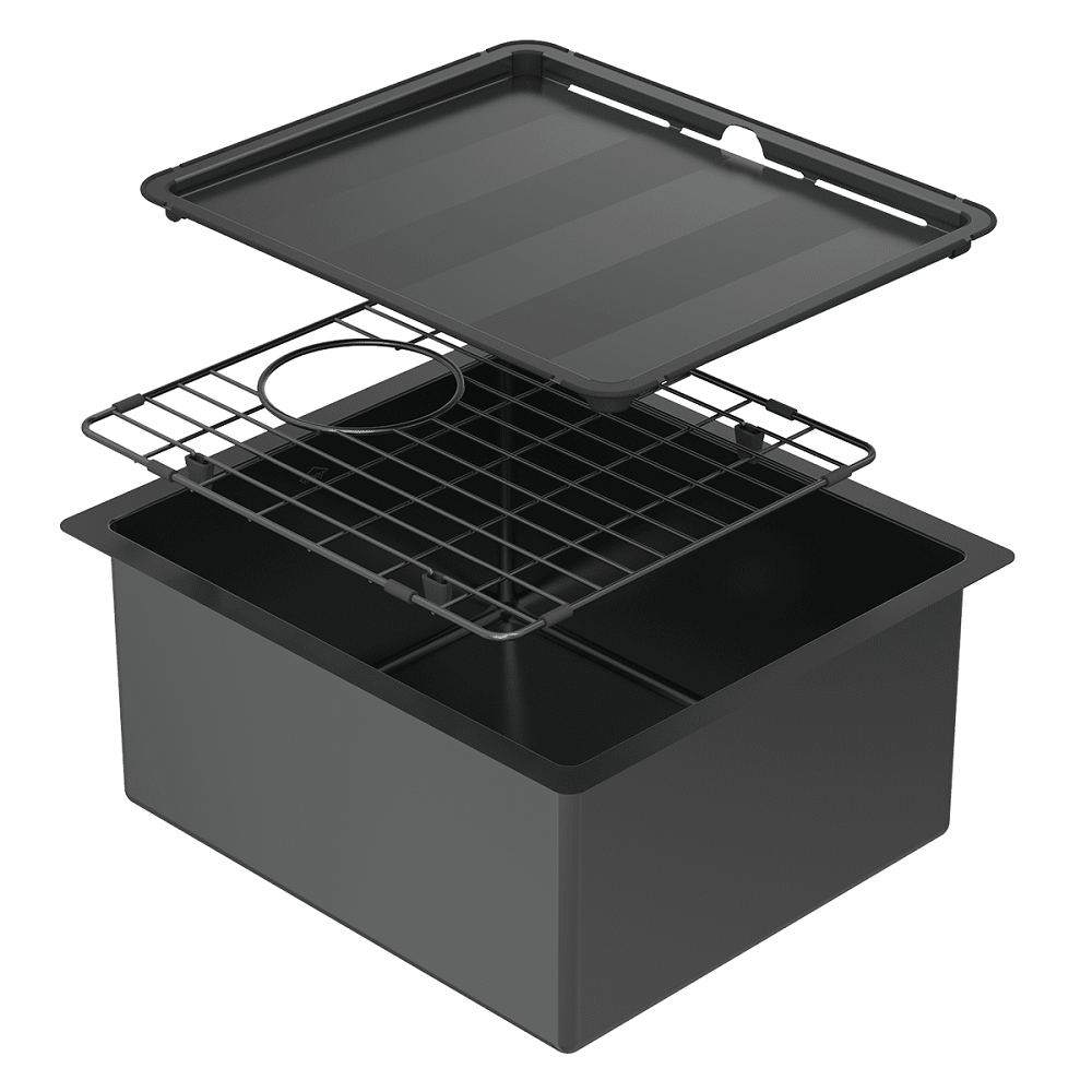 Abey Piazza Square Single Bowl Stainless Steel Sink, 390x445mm, Topmount/Undermount, (Inc. Tray & Grid), Black Pearl, CR340B