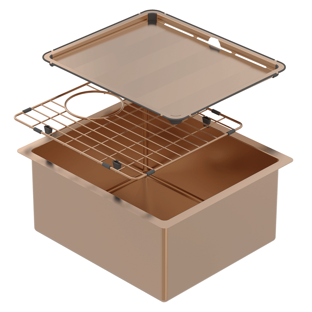 Abey Piazza Square Single Bowl Stainless Steel Sink, 390x445mm, Topmount/Undermount, (Inc. Tray & Grid), Artisan Copper, CR340CO
