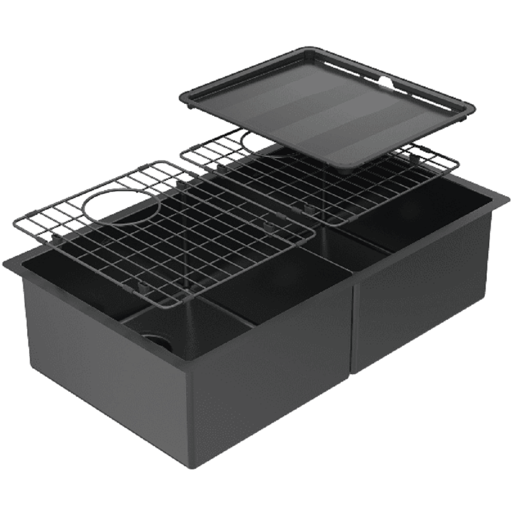 Abey Piazza Double Bowl Sink, 758x445mm, Topmount/Undermount, (Inc. Tray & Grid), Black Pearl, CR340DB