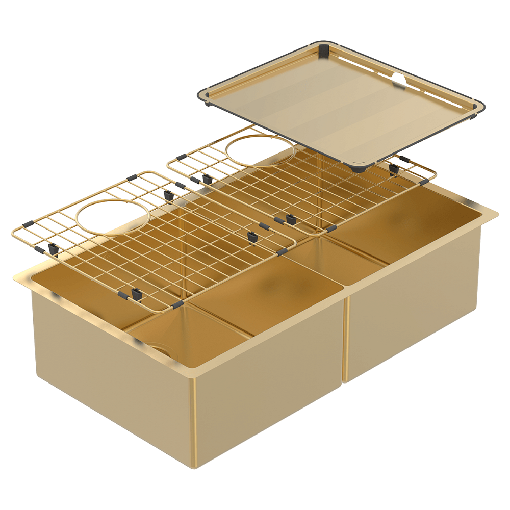 Abey Piazza Double Bowl Sink, 758x445mm, Topmount/Undermount, (Inc. Tray & Grid), Eureka Gold, CR340DG