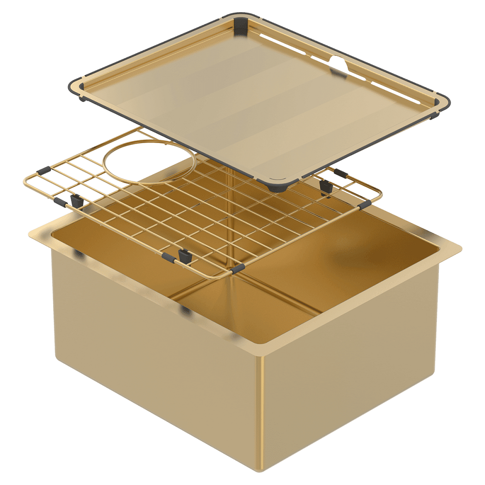 Abey Piazza Square Sink Single Bowl Sink, 390x445mm, Topmount/Undermount, (Inc. Tray & Grid), Eureka Gold, CR340G