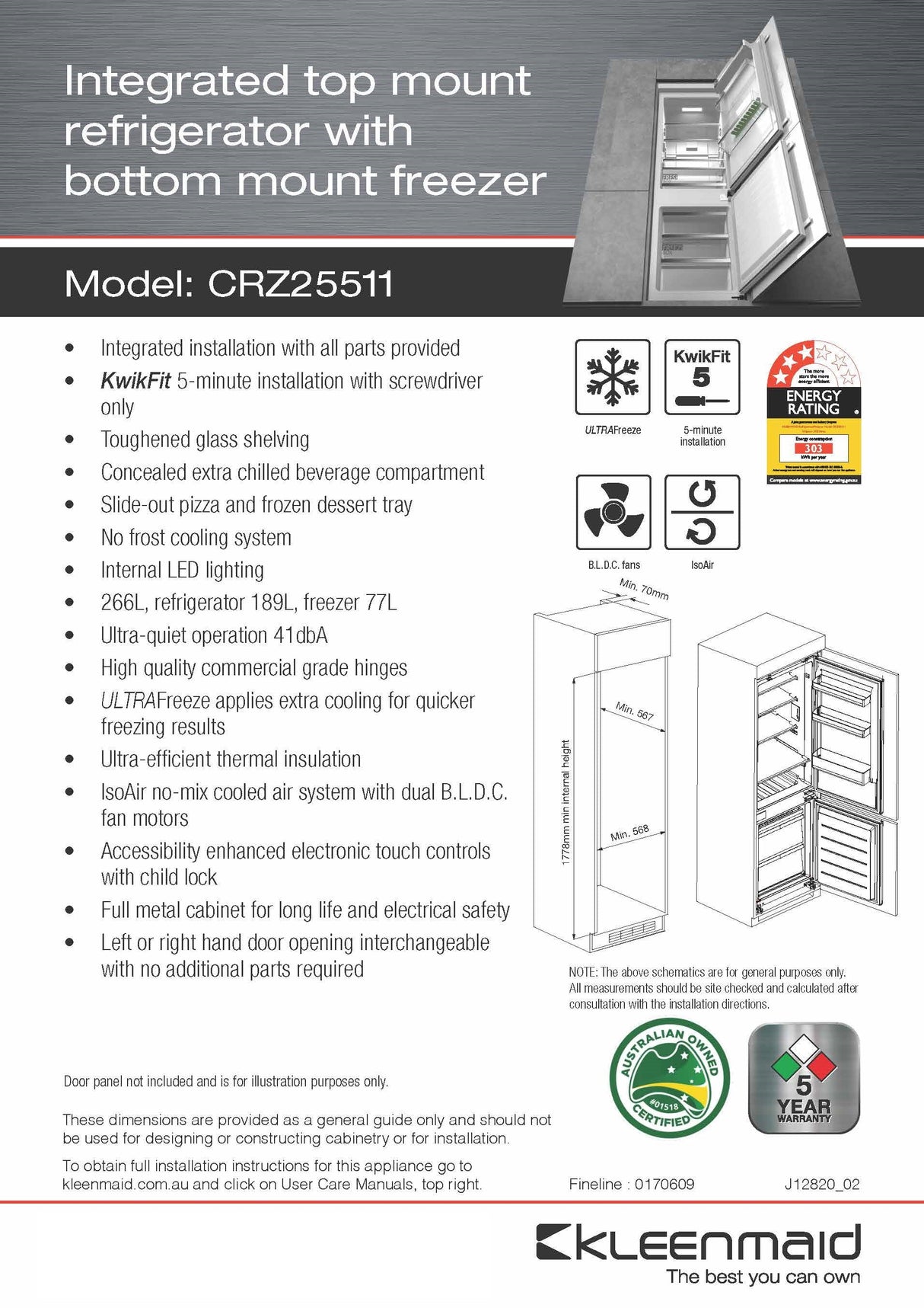 Kleenmaid CRZ25511 Integrated Top Mount Refrigerator with Bottom Mount Freezer