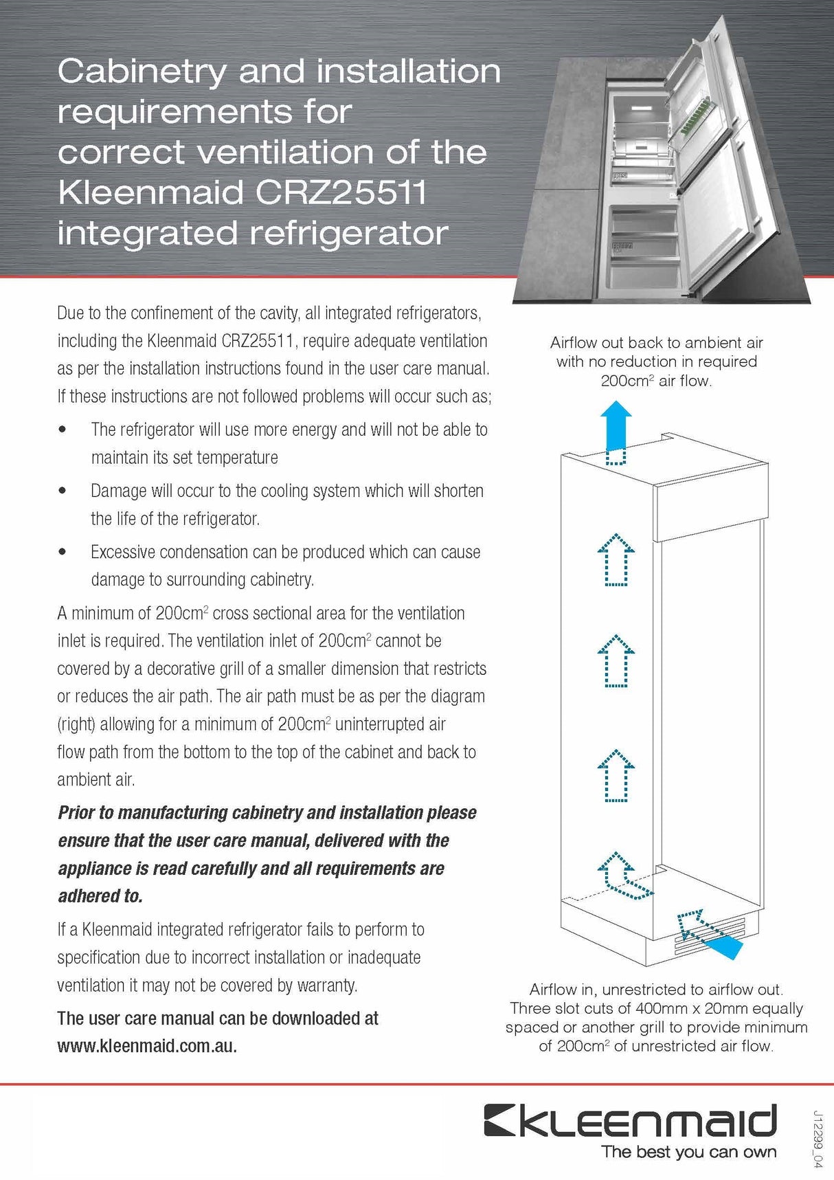 Kleenmaid CRZ25511 Integrated Top Mount Refrigerator with Bottom Mount Freezer