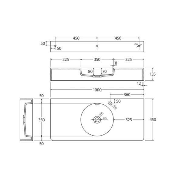 Fienza CSB11-100-0 Encanto 1000 Cast Stone Wall Basin, No Tap Hole