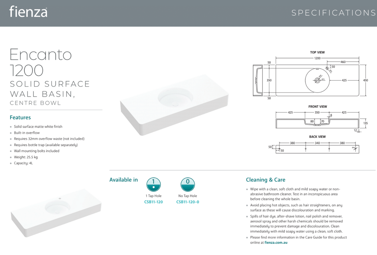 Fienza CSB11-120-0 Encanto 1200 Solid Surface Wall Basin, Centre Bowl, No Tap Hole