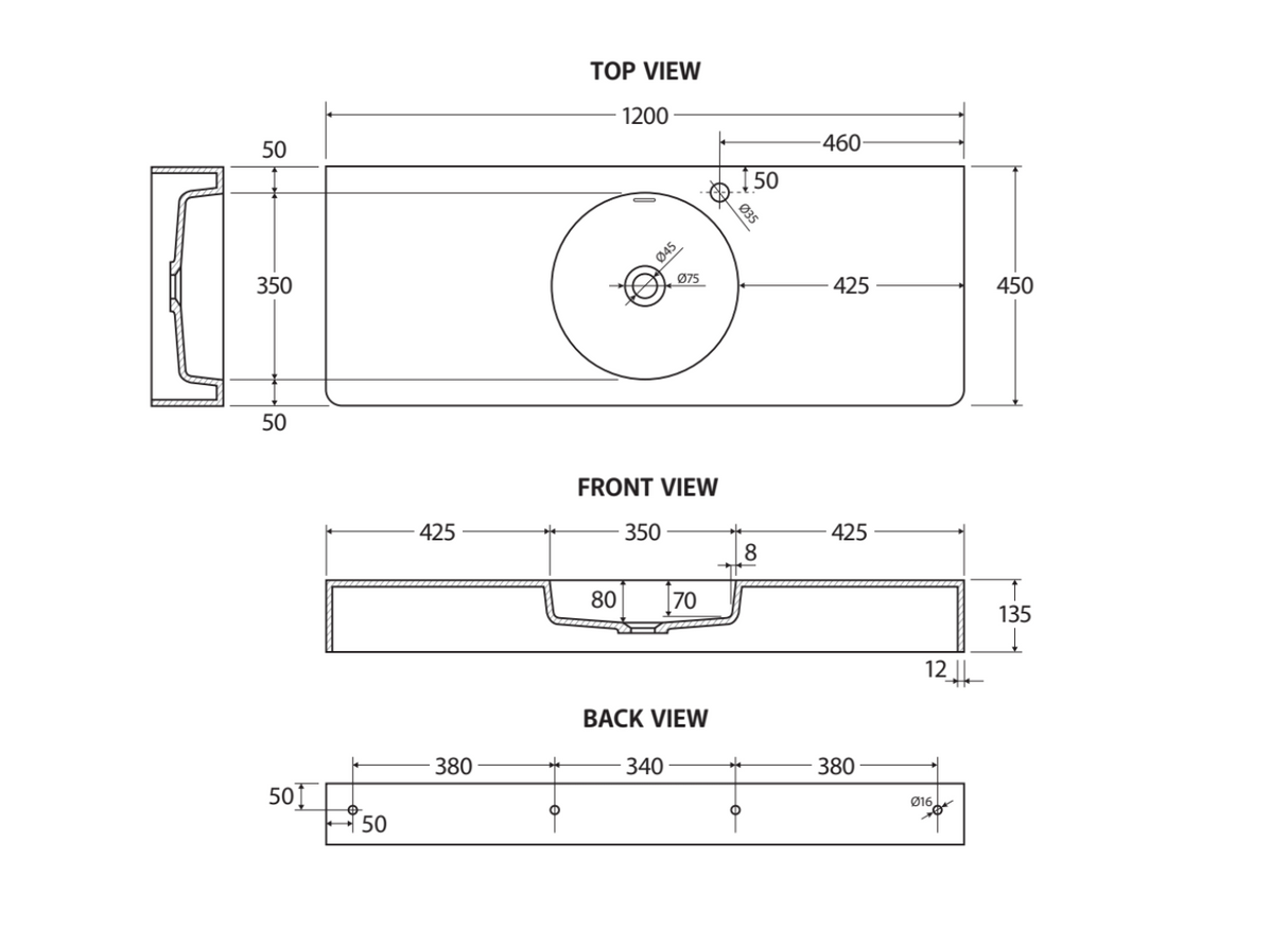 Fienza CSB11-120-0 Encanto 1200 Solid Surface Wall Basin, Centre Bowl, No Tap Hole