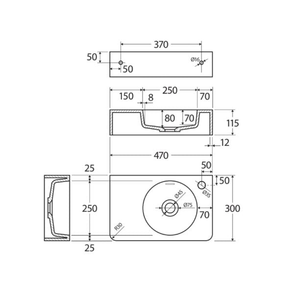 Fienza CSB11-47NO-0 Encanto 470 Cast Stone Wall Basin, No Tap Hole, No Overflow