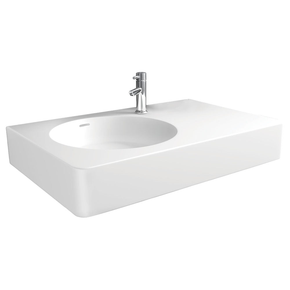 Fienza CSB11-70L Encanto 700 Cast Stone Wall Basin, One Tap Hole, Left Bowl