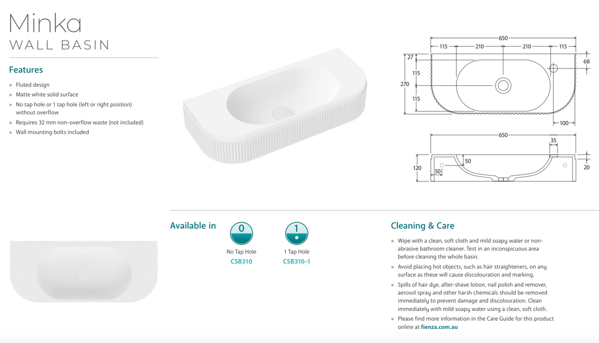 Fienza CSB310-1 Minka Solid Surface Wall Basin, 1 Tap Hole
