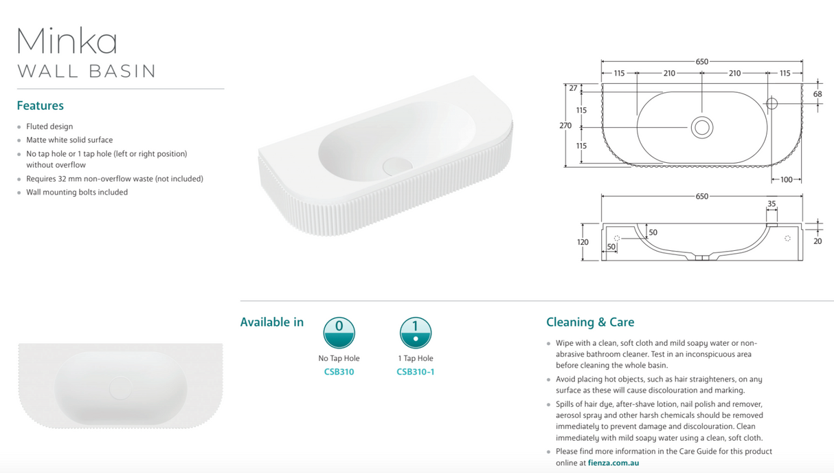 Fienza CSB310 Minka Solid Surface Wall Basin, No Tap Hole